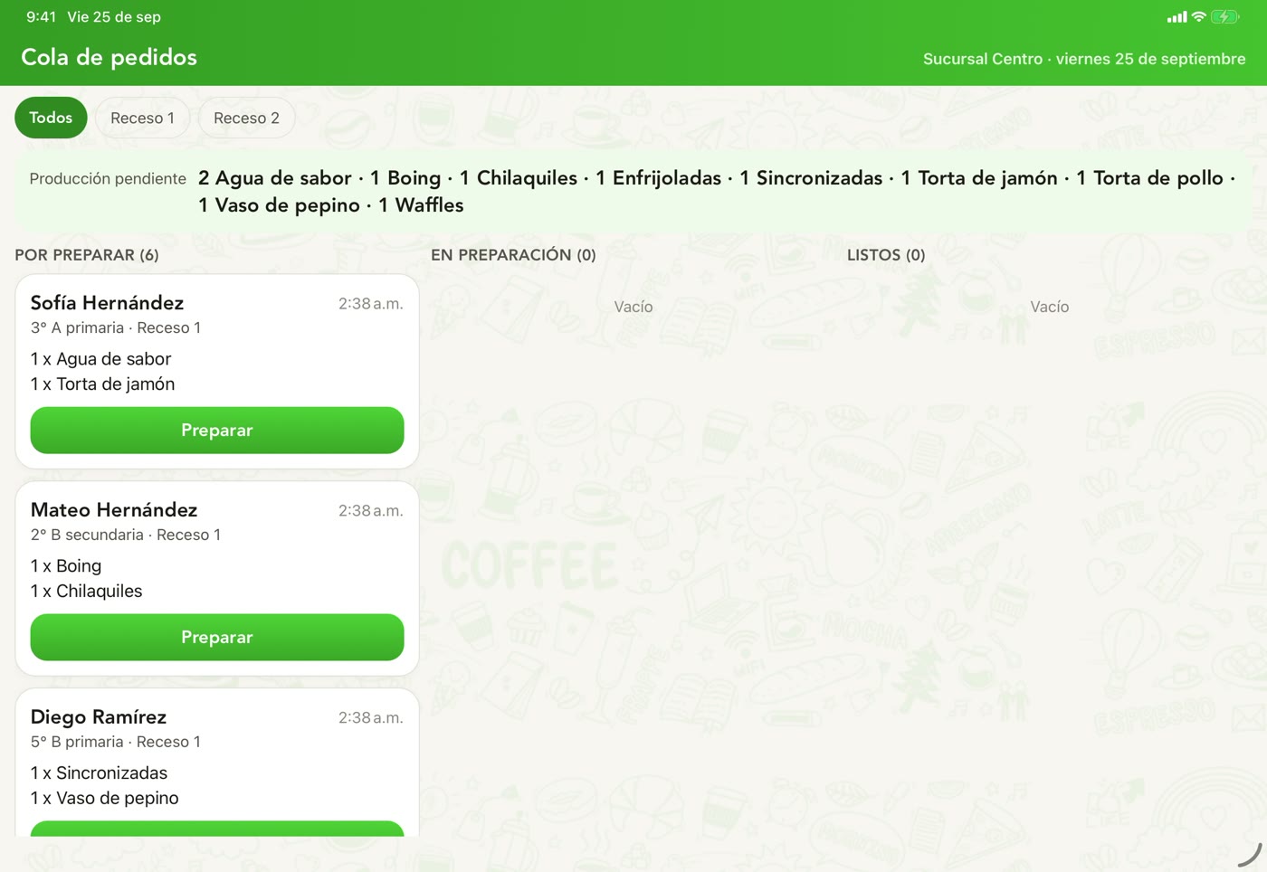 Cola de pedidos en la tableta: por preparar, en preparación y listos