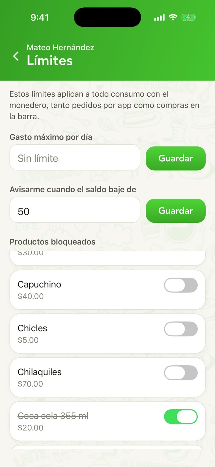Pantalla Límites con tope diario y productos bloqueados