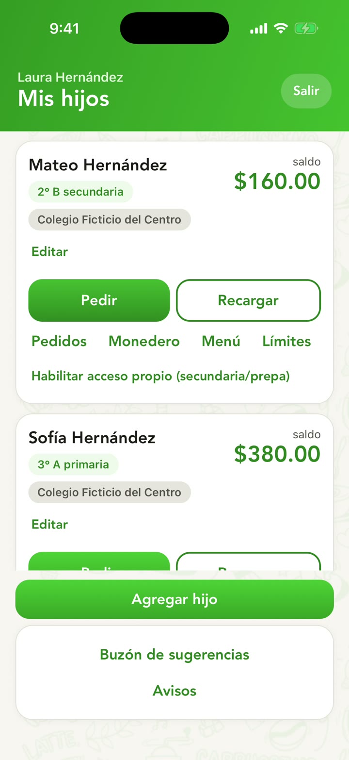 Pantalla Mis hijos: cada hijo con su saldo y los botones Pedir y Recargar