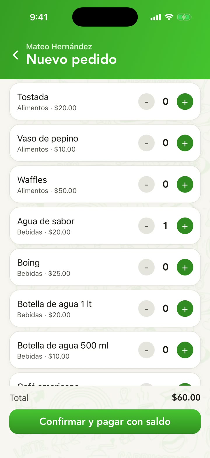 Pantalla Nuevo pedido con el menú de la cafetería y el total